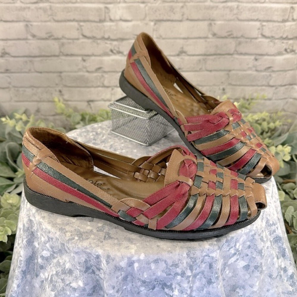 Flexisole “Fiesta” Tan Multicolor Leather Huarache Sandals WMS 6.5W☀️VGUC☀️